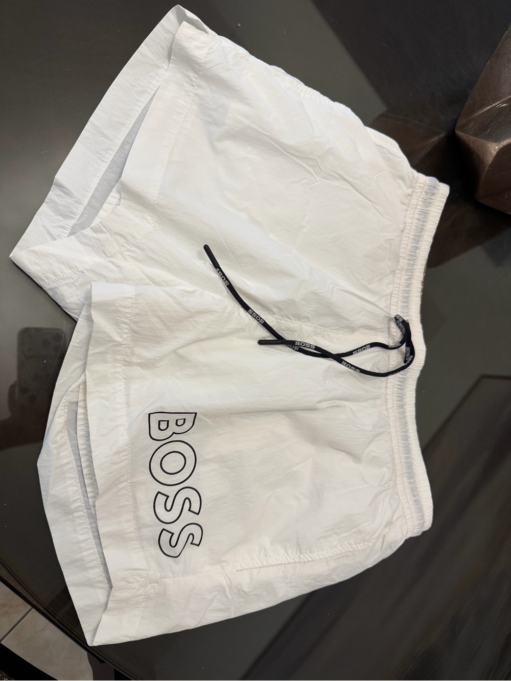 Boss White Swim Shorts with Black Logo and Drawcord